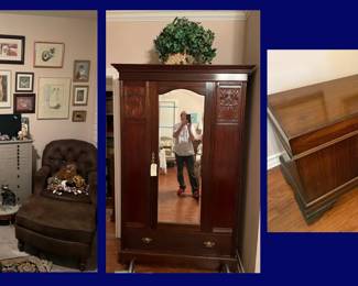 Custom made Chairs/Ottomans, Dentist Cabinet, Cat Art. Art Nouveau Wardrobe and Mahogany Chest.