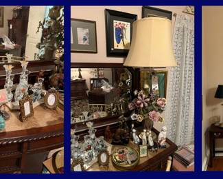 Vanity #1b: Smalls, Crystal Decanters, Porcelains on top of Dresser/Vanity. Mahogany Side Table: Pair of Lamps, Italian Candelabra & Asian Chippendale Style Long Mirror