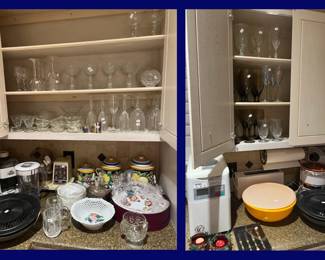 Kitchen #5: Glass Sherbets, Champagne, Vintage Mixing Bowls, Bread Maker, Pottery Canisters. Relish Forks and misc.