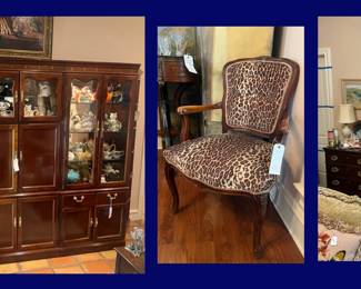 Shelving Unit, Chair in Leopard Print, Henredon Chest & Mirror.