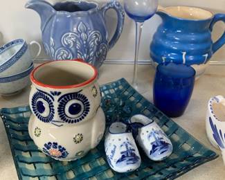 Owl coffee mug, blue crane pitcher, + Delft blue windmill clogs (Holland)