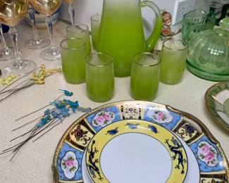 Blendo green frosted pitcher + 6 glasses, Nippon yellow/blue dragon plate, Noritake floral plate with gold accented handles