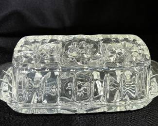 ANCHOR HOCKING "Star of David" Clear Pressed Glass Covered Butter Dish