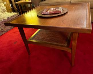 Mid Century Modern 2-Tier Walnut & Cane Coffee Table