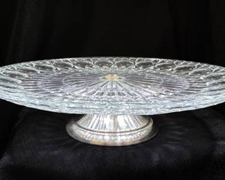 Cut Glass Pedestal Cake Stand With Silver Plate Base