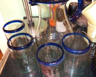 Blue Rimmed Pitcher and Glass Set