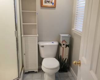 Commode; painted toilet paper cabinet; white storage cabinet with shelves 