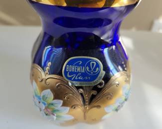 Vintage Czech Bohemian Cobalt Blue & Gold Enamel Bud Vase/Bowl Hand Painted Raised Flower