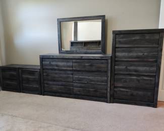 KING BED ROOM SET - ASHLEY KING HEADBOARD AND FRAME, DRESSER AND MIRROR, CHEST OR DR AWERS AND TWO MATCHING NIGHT STANDS, KING MATTRESS AND BOX SPRINGS