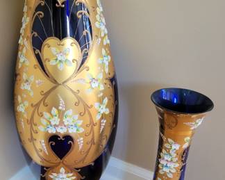 Vintage Czech Bohemian Cobalt Blue & Gold Enamel Bud Vase/Bowl Hand Painted Raised Flower