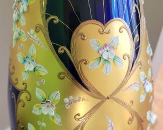 Vintage Czech Bohemian Cobalt Blue & Gold Enamel Bud Vase/Bowl Hand Painted Raised Flower