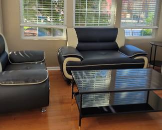 Contemporary Black and Off White Loveseat  $75, Chair $50 and Chair with tape on arm  $25-    totals $150 for set