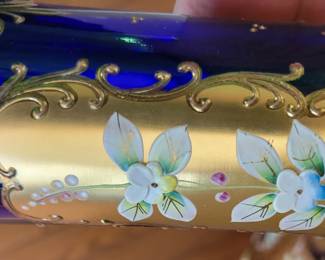 Vintage Czech Bohemian Cobalt Blue & Gold Enamel Bud Vase/Bowl Hand Painted Raised Flower