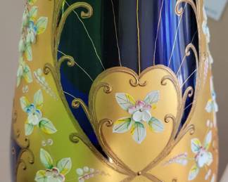 Vintage Czech Bohemian Cobalt Blue & Gold Enamel Bud Vase/Bowl Hand Painted Raised Flower