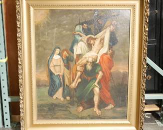 Antique Oil Painting of Jesus Being Taken Down from the Cross