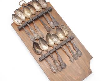 Sterling Silver Spoons & Wooden Display Rack