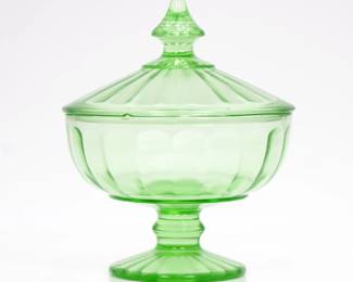 Fluted Green Vaseline Glass Footed Candy Dish