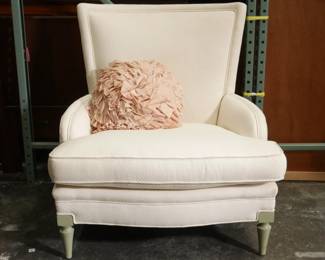 Vintage White High Back Wide Parlor Chair with Pink Pom Pom Pillow