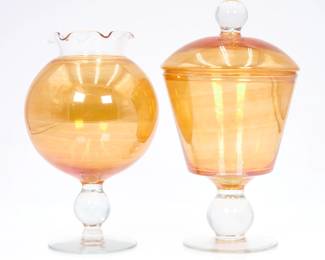 Iridescent Orange Glass Stemmed Candy Dish & Rose Bowl