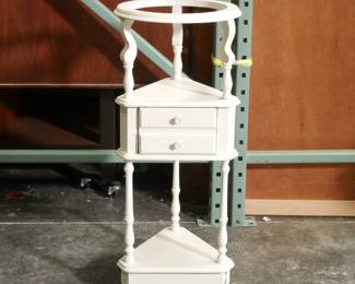 Refurbished Triangular Wooden Corner Shelf with Round Tabletop
