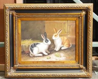 Original Oil on Canvas Rabbits in Barn Painting Signed Peter