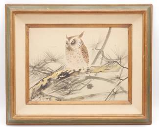 Original Watercolor on Fabric Signed Owl Painting