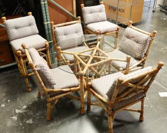McGuire-Style Glass Top Bamboo & Rattan Dining Table & 6 Chairs Set