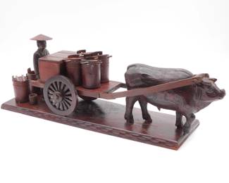 Wood Carving of Farmer w/Ox Pulling Cart