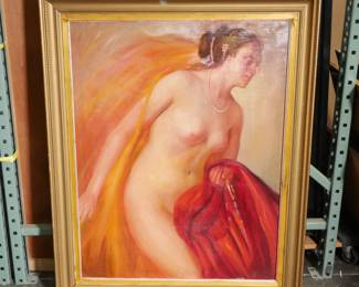 Antique Oil Painting of a Partially Nude Woman with a Red Cloth, Circa 1833