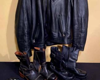 05 Vintage Newer Harley Davidson Motorcycles Biker Bundle Leather Jacket, Boots, Buckle Belt