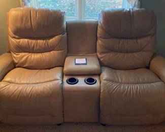 03 LaZBoy Power Motion Beige Leather Upholstered 2 Seater Sofa