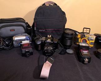 Film Digital Camera Bundle Nikon N4004s, Canon DC210, Vivitar, Lenses, Flash, Bags