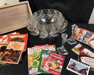 Cookbooks, Candle Sticks, Serving Tray And Punch Bowl With Cups