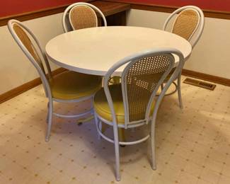 Vintage 1970s MCM Yellow Leather Upholstered 4 Seater White Round Dining Table Set