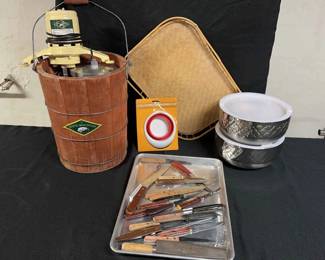 Vintage White Mountain Ice Cream Maker, Serving Tray, Sheet Pan, Metal Freezable Bowls, Knives