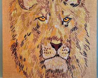 Vintage 1970s MCM Yarn Embroidered Retro Color Lion Canvas Folk Art Piece