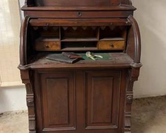 Antique Roll Top Desk With Train And Stamp Pouches And Old Embosser Stamp