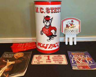 Vintage NC State Collectors Lot 80s Metal Logo Trash Can, Magazines More