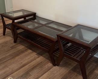 Glass Wood Coffee Table And 2 End Tables
