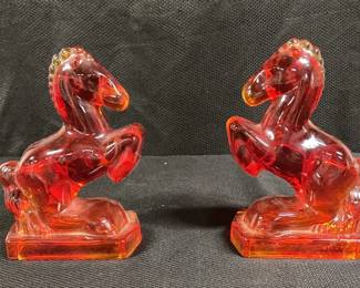 Vintage L.E. Smith Amberina Glass Rearing Horse Bookends