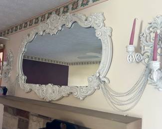 Rare Antique French Italian White Mirror and Candelabras - Wall Unit