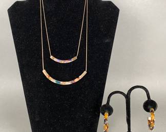Double Layered Gold Tone Necklace With Faux Tortoiseshell Hoop Earrings
