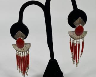 Pair Of Native American Sterling Silver And Red Beaded Chandelier Style Earrings
