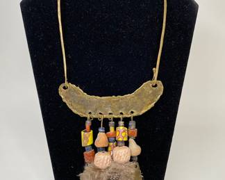 Plastron Style Necklace With Feathers And Beads
