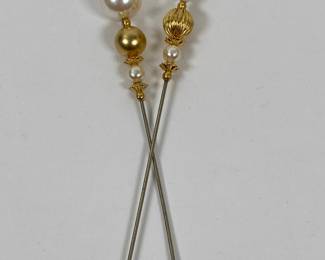 Two Faux Pearl And Gold Tone Stick Pins
