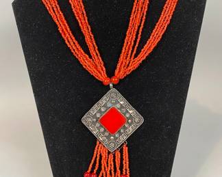 Red Beaded Multi-strand Pendant Necklace
