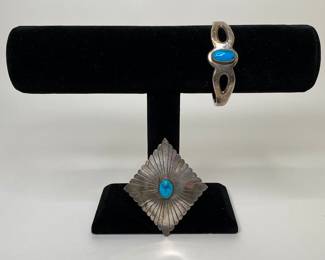 Native American Sterling Silver And Turquoise Bangle And Brooch
