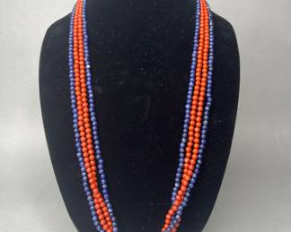 Multi Strand Beaded Necklace In Orange And Blue
