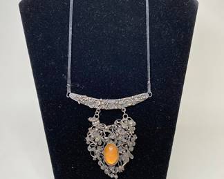 Art Nouveau Style Silver Tone Bib Necklace With Amber Colored Stone
