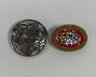 Two Fashion Brooches, One Silver Tone, One Cloisinee
